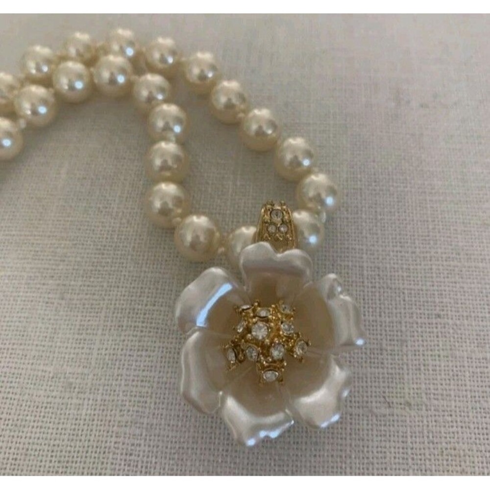 Nolan Miller Vintage Gold Plated Crystal Faux Pearl Necklace & Floral Enhancer